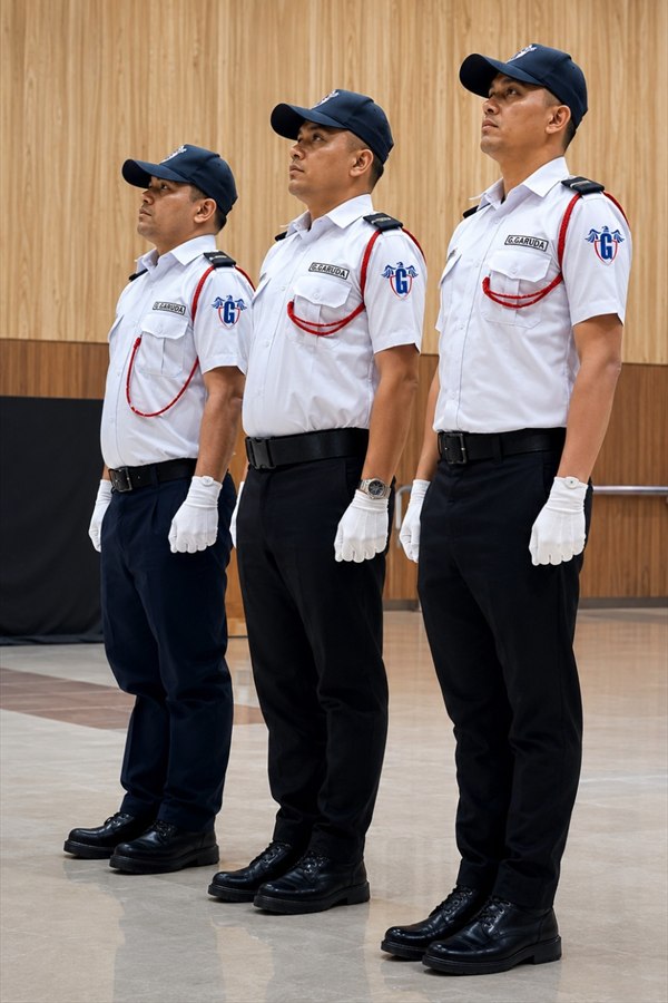 Three G.Garuda security officers in company uniform standing at attention